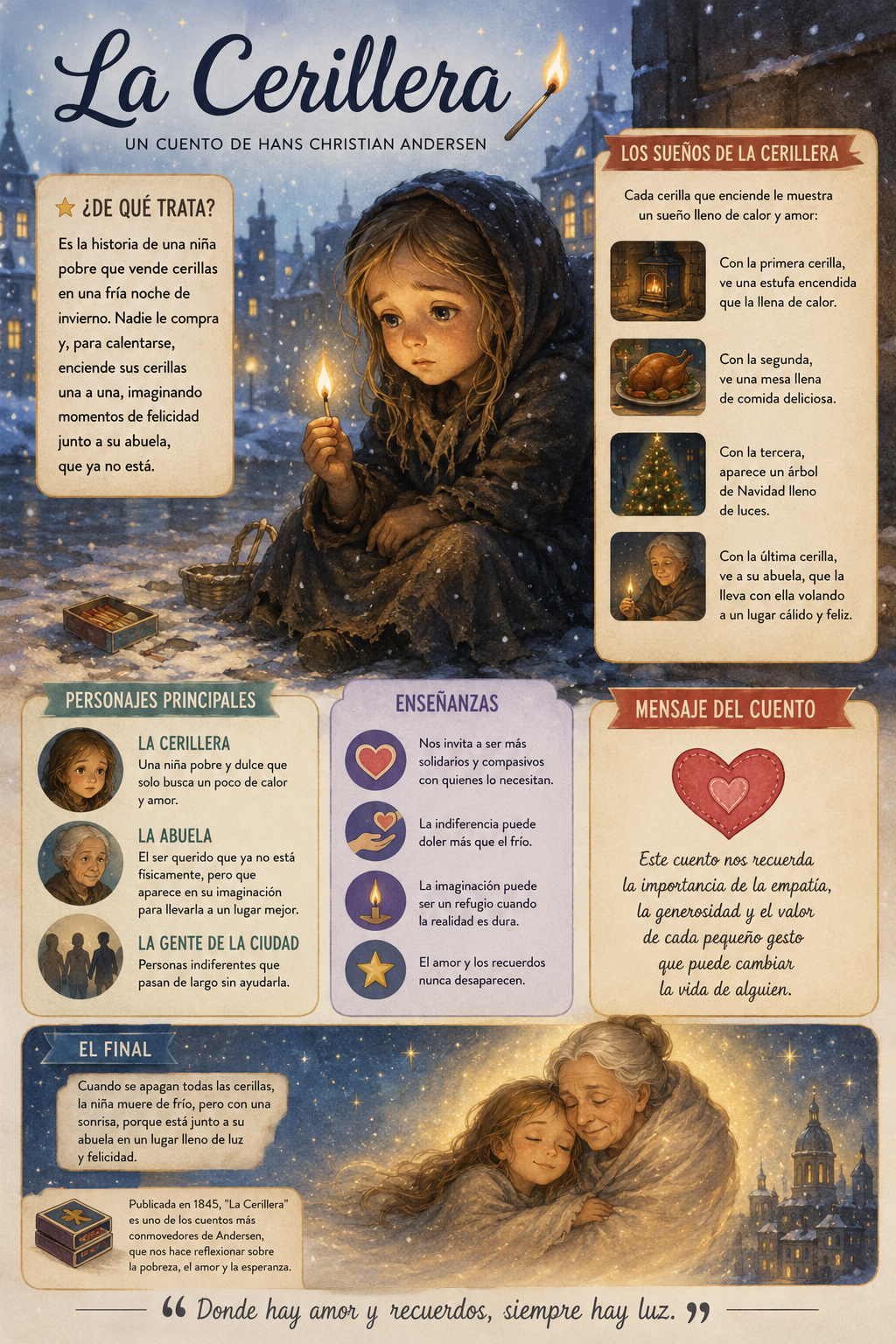 Poema y adaptación libre de La cerillera, inspirado en el cuento de Andersen. Incluye análisis literario, comentario de texto y explicación del simbolismo de la obra